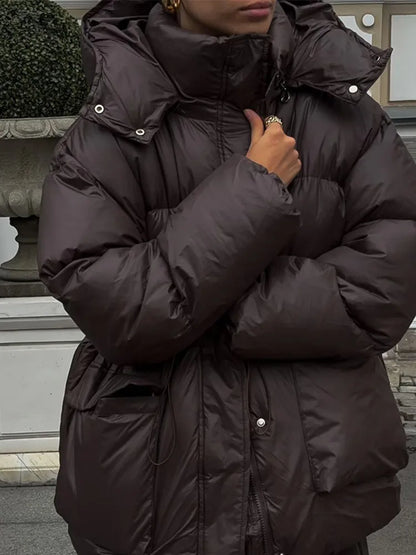 2024 Winter Solid Drawstring Quilted Cotton Coat Fashion Stand Collar Hooded Warm Jacket Lady New Thicken Casual Streetwear