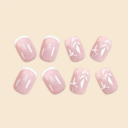 24Pcs/Set Short Size French Simplicity Glitter Pink Leaf Girls Women Full Coverage Wearable Fake Nails