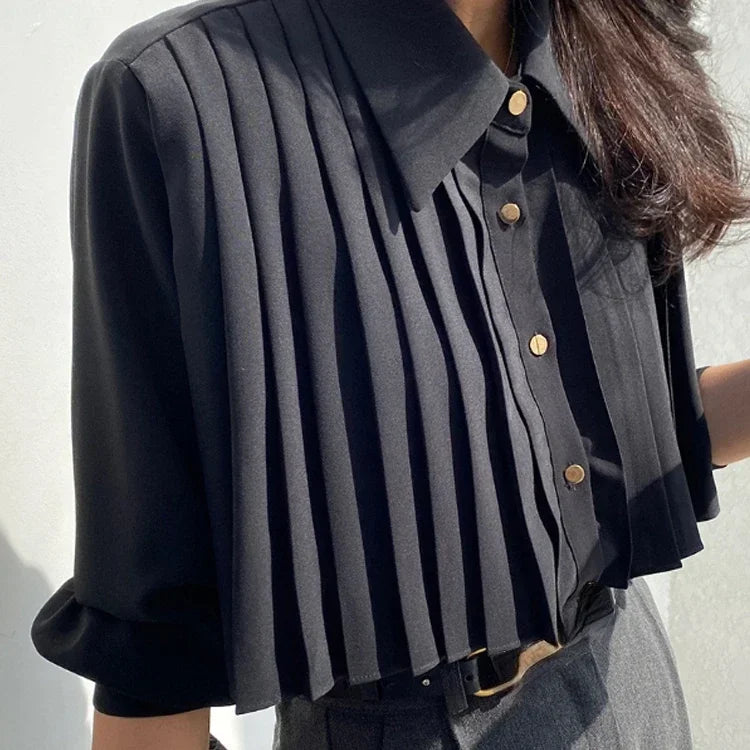 2025 Camisas De Mujer Korean Blouses for Women Temperament Single Breasted White Shirts Crop Tops Autumn Pleated Vintage Blouse