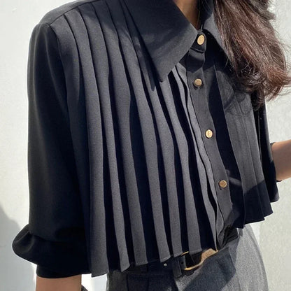 2025 Camisas De Mujer Korean Blouses for Women Temperament Single Breasted White Shirts Crop Tops Autumn Pleated Vintage Blouse