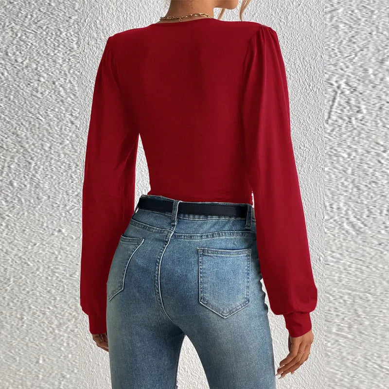 Sexy Deep V Neck Long Sleeve Solid Tops And Blouses Women's 2024 Autumn Slim Elegant Streetwear Top Femme Blouse For Women