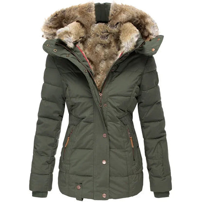 Winter Warm Wool Collar Cotton Coat Womens Zipper Long Sleeve Slim Fit Hooded Cotton Coat