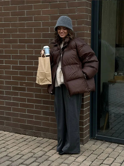 Chic Brown Stand Collar Puff Quilted Cotton Jacket Women's Fashion Zipper Long Sleeve Warm Coat Winter 2024 New Female Outerwear