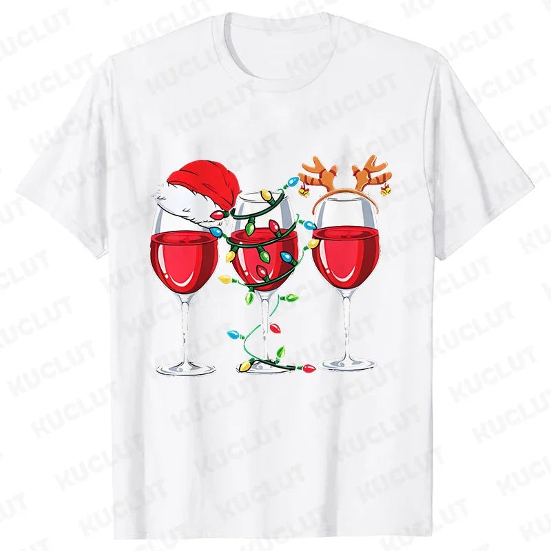 Christmas Wine T Shirts for Women Clothing Funny Cartoon T-shirts Kawaii Fashion Tshirt Korean Female Tops Christmas Wine Tees