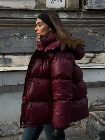 2024 Winter Burgundy Hooded Warm Cotton Coats Fashion Stand Collar Single Breasted Zipper Cotton Jacket Female Elegant Outerwear
