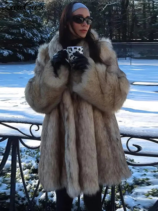 Luxury Fluffy Faux Fur Long Coat Women Lapel Long Sleeve Loose Thicken Warm Overcoat 2024 Autumn Winter Lady Fashion Streetwear