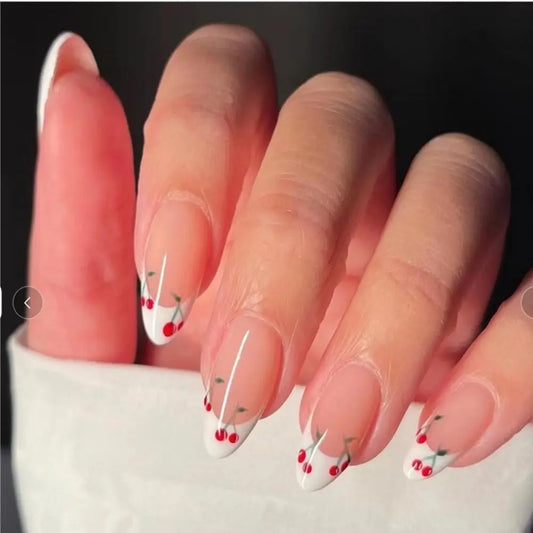 24Pcs Detachable Acrylic False Nails Press On Nail Cute Cherry French Almond Wearable Artificial Fake Nails Full Cover Nail Tips