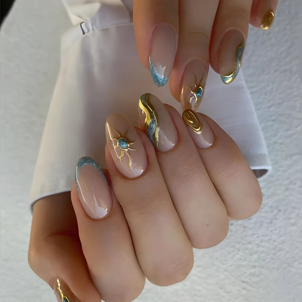 24Pcs Golden French Fake Nail with Almond Head Design Simple Oval False Nails Wearable Press on Nails Full Cover Nail Tips