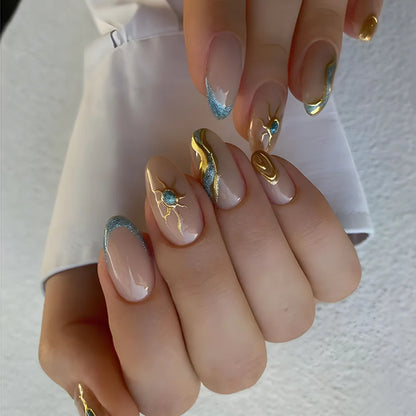 24Pcs Golden French Fake Nail with Almond Head Design Simple Oval False Nails Wearable Press on Nails Full Cover Nail Tips