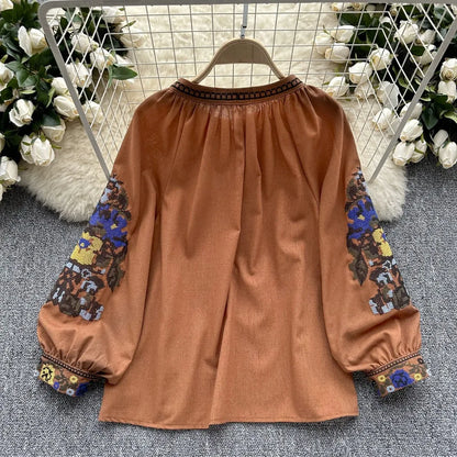 Neploe Fresh O Neck Lantern Sleeve Pullover Panelled Mujer Sweet Lace Up All-match Embroidery Shirt New Heavy Tassels Blouses