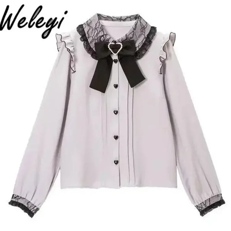 Jirai Kei Lolita Top Shirt Japanese Women's 2024 Spring and Autumn Sweet Bow Long Sleeved Cute Lace Bubble Sleeve Fashion Shirts