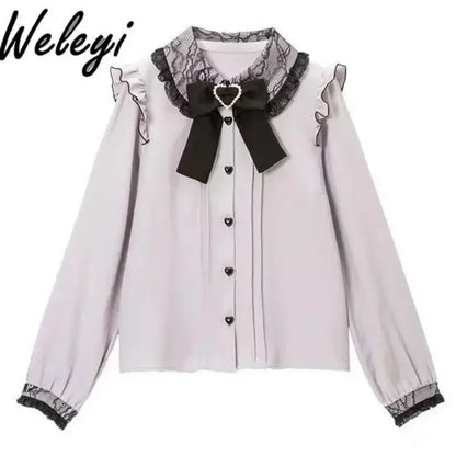 Jirai Kei Lolita Top Shirt Japanese Women's 2024 Spring and Autumn Sweet Bow Long Sleeved Cute Lace Bubble Sleeve Fashion Shirts