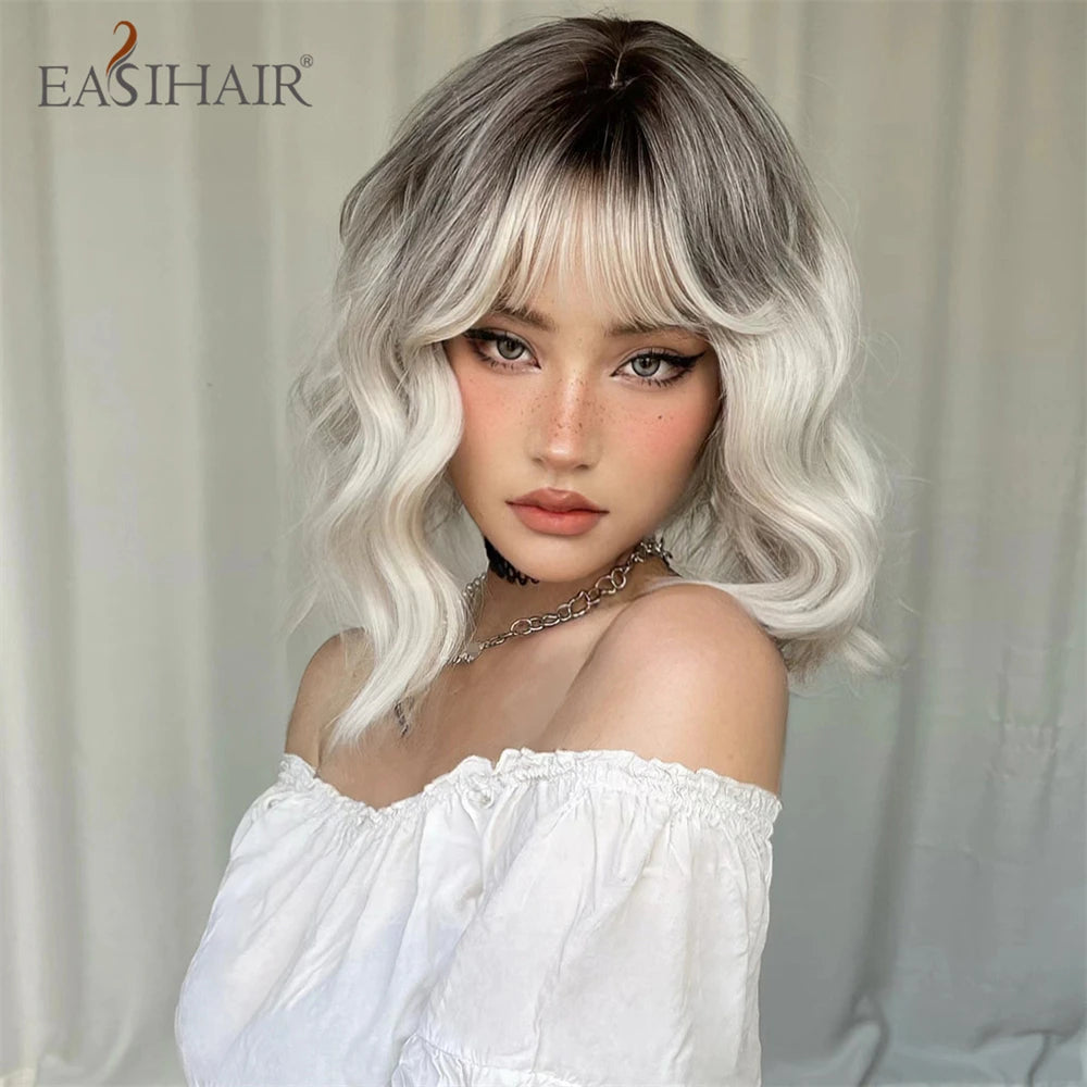 EASIHAIR Ombre Blonde Short Wavy Cosplay Lolita Wigs with Bangs Light Platinum Bob Synthetic Hair Wigs for Women Heat Resistant