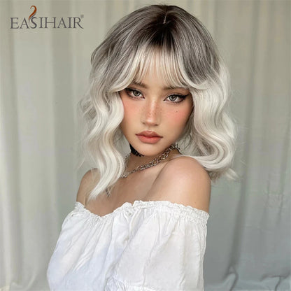 EASIHAIR Ombre Blonde Short Wavy Cosplay Lolita Wigs with Bangs Light Platinum Bob Synthetic Hair Wigs for Women Heat Resistant