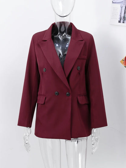 Wine Red Women's Blazer Coat Fashion Long Sleeve Lapel Double Breasted Female Coats 2024 Autumn Winter Slim Lady Outwear