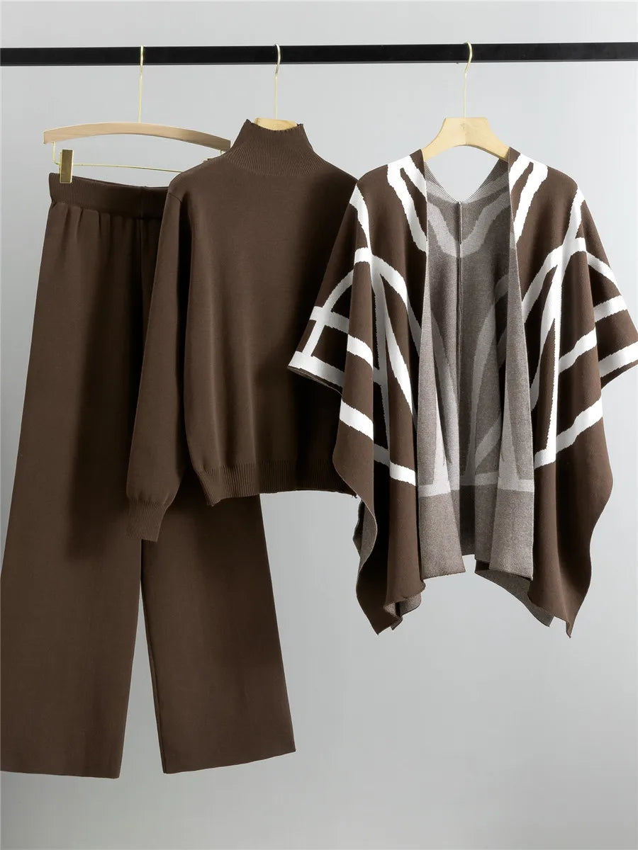 Elegant Chic Knitted 3 Piece Sets Women Solid Turtleneck Sweater Knitwears Shawl Suits Casual High Waist Sweatpants Setleri New