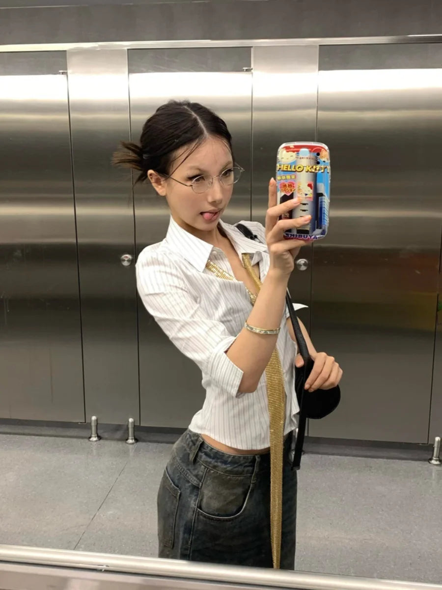 Genayooa Korean Fashion Shirt Women Striped Three Quarter Slim Shirt Y2k Vintage Tops Streetwear Japanese 2000s Retro Shirts