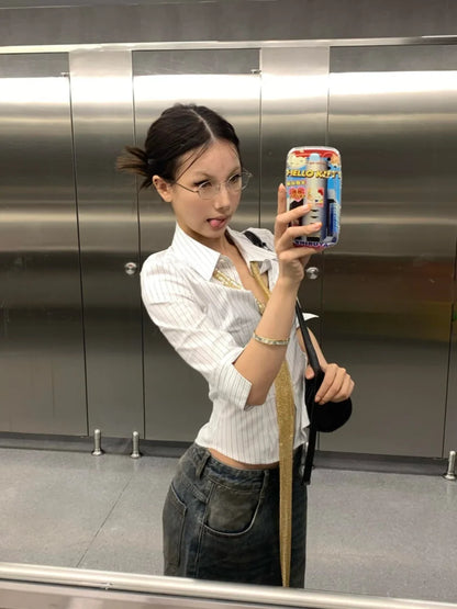 Genayooa Korean Fashion Shirt Women Striped Three Quarter Slim Shirt Y2k Vintage Tops Streetwear Japanese 2000s Retro Shirts