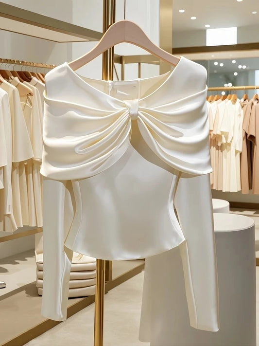Autumn Spring 2025 Women's Blouse Elegant Ruffled Ruched Slim Waist Top Shirt Long Sleeve Casual 40916