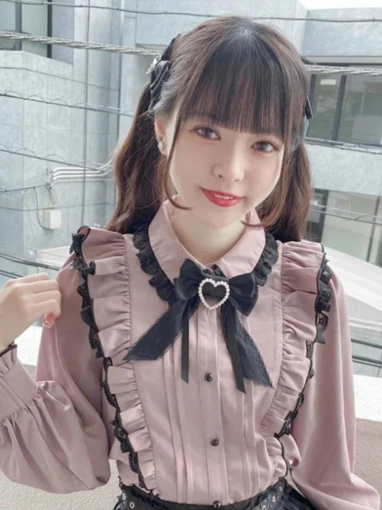 Japanese Kawaii Lace Ruffle Shirt Women Y2k Pink Bow Blouse Harajuku Cute Ladies Tops 2025 New Fashion Lolita Blusas Femme