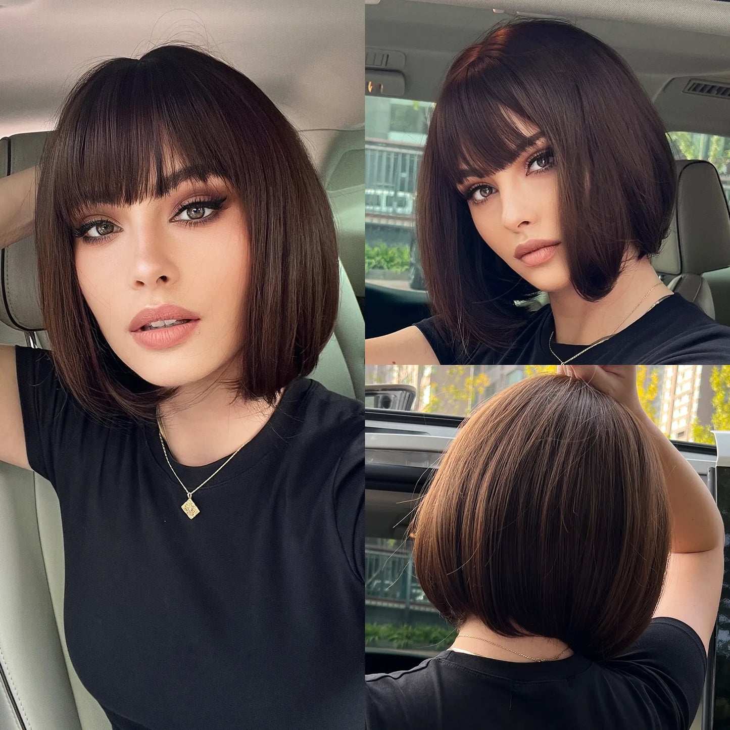 HENRY MARGU Short Straight Synthetic Wigs with Bang Brown Black Brown Hairs Wig for Women Daily Cosplay Party Heat Resistant