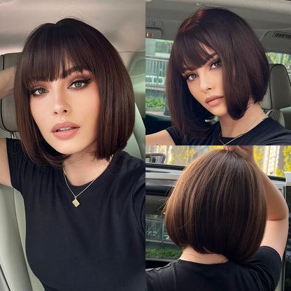 HENRY MARGU Short Straight Synthetic Wigs with Bang Brown Black Brown Hairs Wig for Women Daily Cosplay Party Heat Resistant