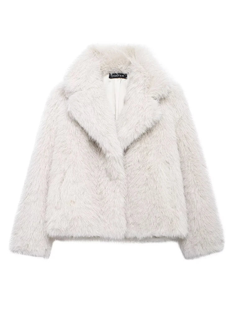 TRAFZA Vintage Faux Fur Women Jackets Solid Turn-down Collar Long Sleeve Warm Coat Chic White Fashion 2024 Winter Autumn Outwear