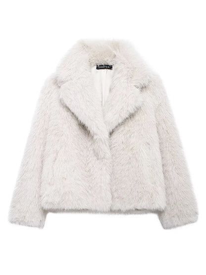 TRAFZA Vintage Faux Fur Women Jackets Solid Turn-down Collar Long Sleeve Warm Coat Chic White Fashion 2024 Winter Autumn Outwear