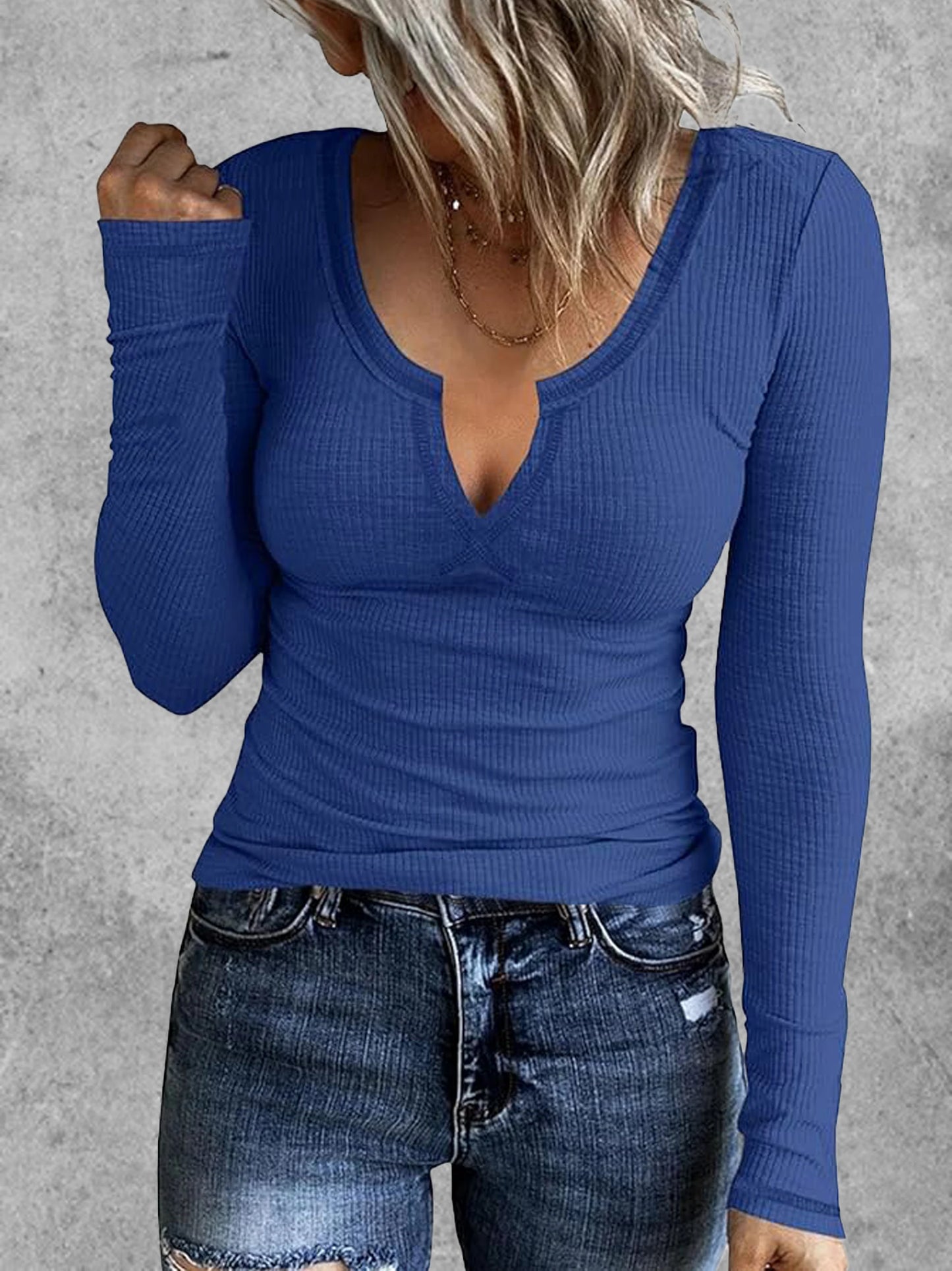 Ribbed Solid Notch Neck T-Shirt, Casual Long Sleeve Top For Spring & Fall, Women's Clothing