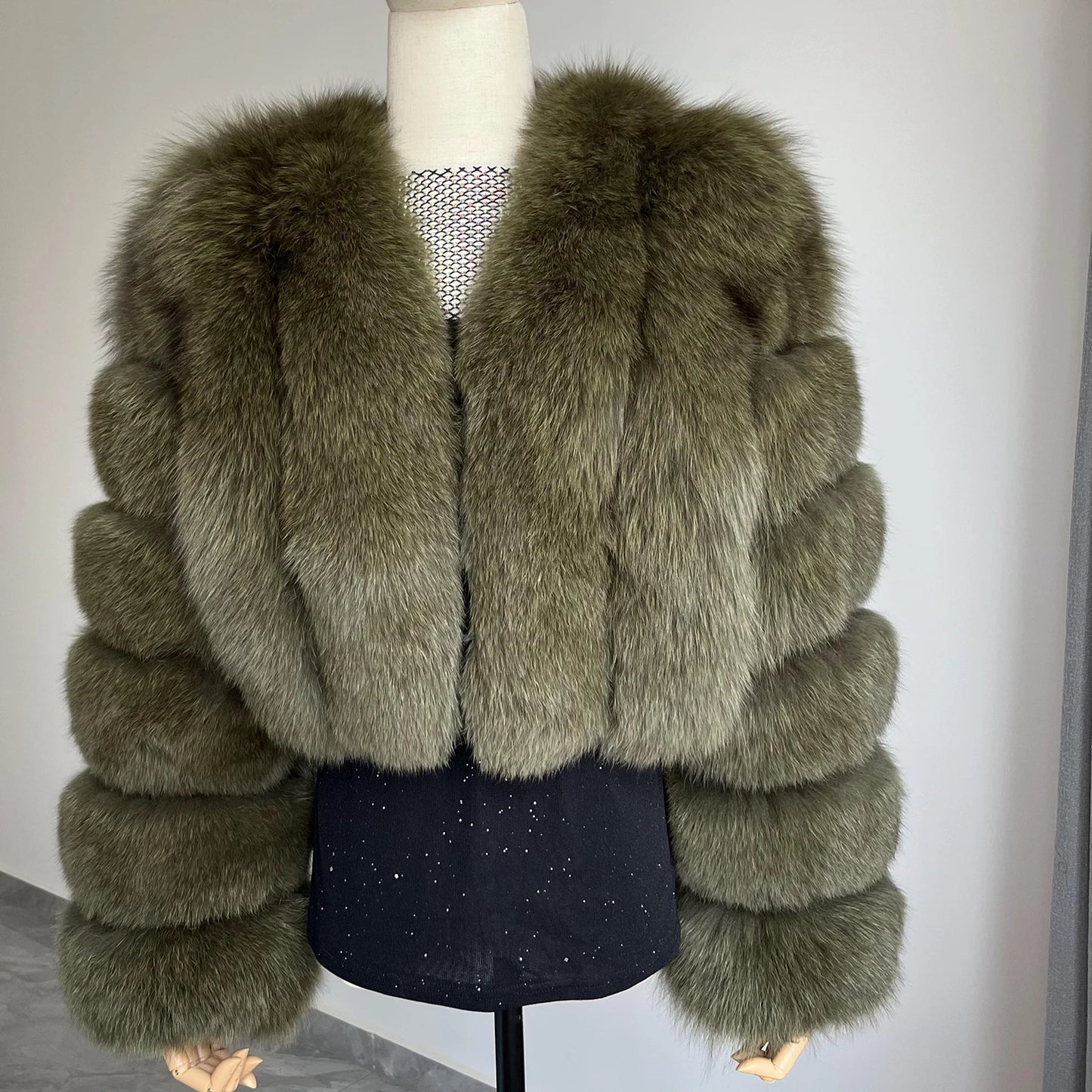 Fur Coat Real Fox Fur Women`S Coat Fashion V-neck Full Sleeve Short Autumn-Winter Luxury Women`S Leather Jacket