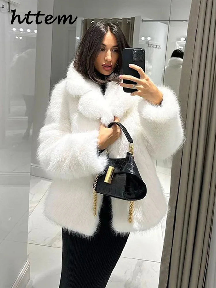 Street Women's White Faux Fur Coat Loose Lapel Long Sleeve Female Furry Jacket 2024 Autumn Winter Lady Luxury Plush Overcoat New