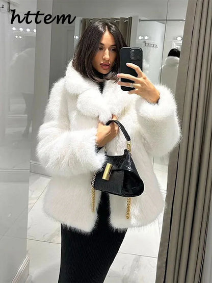 Street Women's White Faux Fur Coat Loose Lapel Long Sleeve Female Furry Jacket 2024 Autumn Winter Lady Luxury Plush Overcoat New
