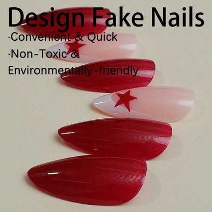 French Fake Nails Red Five-pointed Star False Nails Full Cover Press on Nail Tips y2k Nail Art Almond Artificial Nail Patches