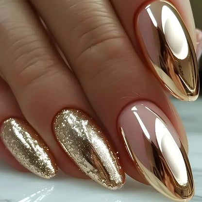 24Pcs French Gold Edge Wearable Almond Press on Fake Nails Simple Pearl Decoration False Nails with Glue Full Over Manicure Tips