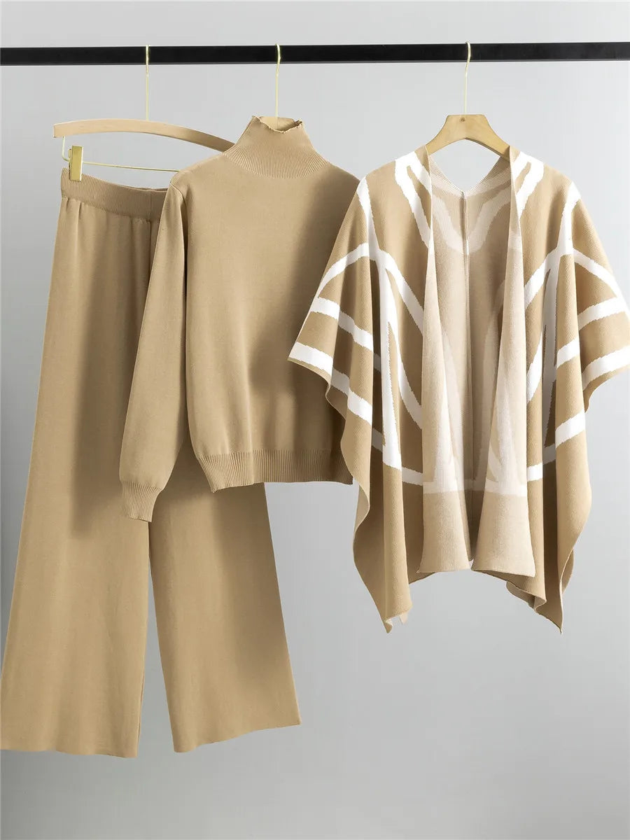 Elegant Chic Knitted 3 Piece Sets Women Solid Turtleneck Sweater Knitwears Shawl Suits Casual High Waist Sweatpants Setleri New
