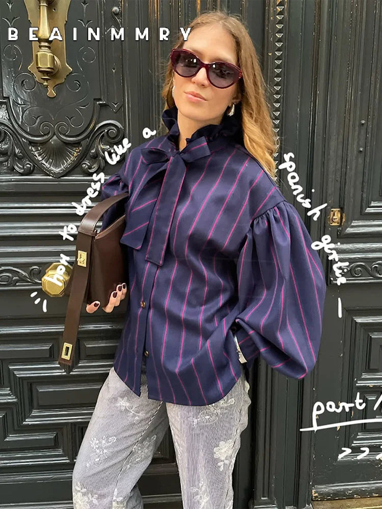 Striped Women Casual Lace Up Blouse Fashion O Neck Long Sleeve Single-breasted Loose Shirt 2025 Spring New Female Commuting Tops
