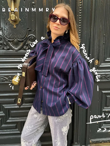 Striped Women Casual Lace Up Blouse Fashion O Neck Long Sleeve Single-breasted Loose Shirt 2025 Spring New Female Commuting Tops