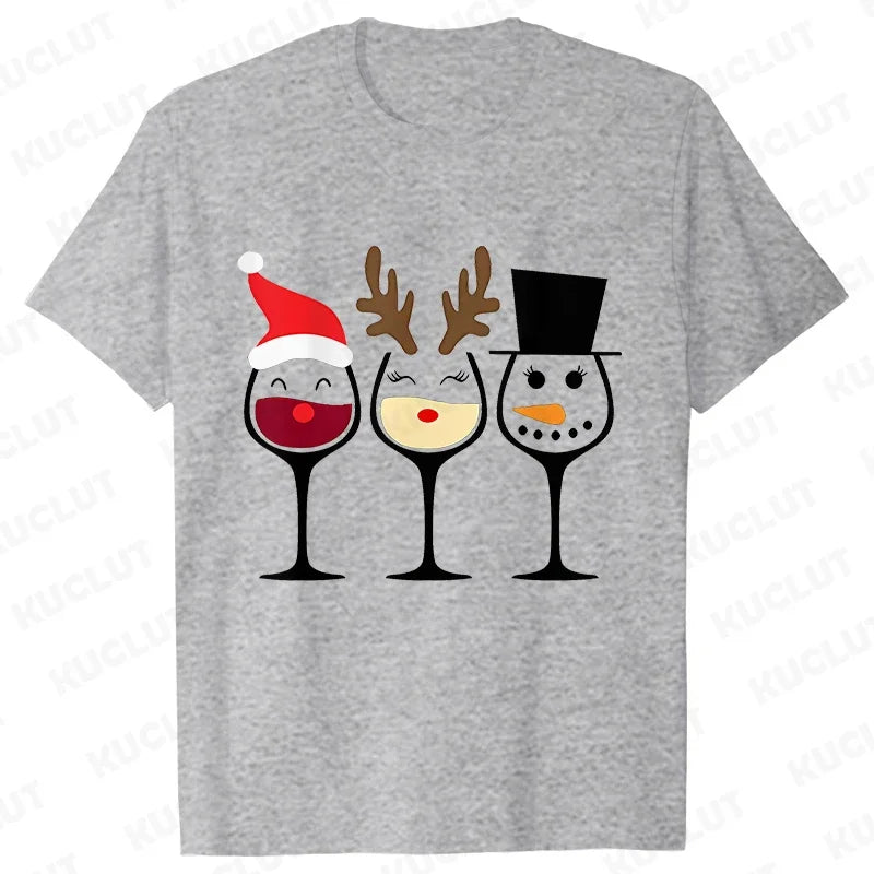 Christmas Wine T Shirts for Women Clothing Funny Cartoon T-shirts Kawaii Fashion Tshirt Korean Female Tops Christmas Wine Tees