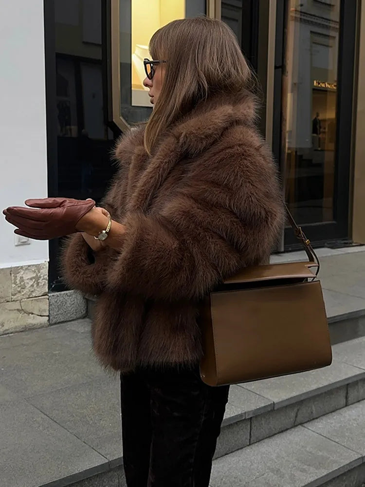 Luxury Solid Warm Faux Fur Jacket For Women Warm Lapel Fluffy Plush Long Sleeve Coat 2025 Winter New Lady Commuting Outerwear