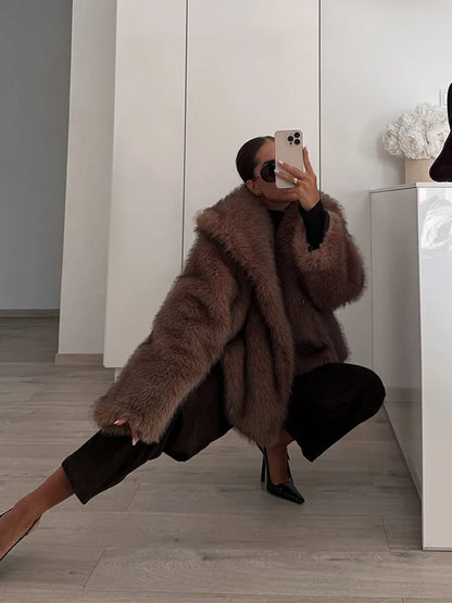 Oversized Brown Fluffy Faux Fur Coats For Women Winter Autumn Loose Lapel Cardigan Jacket 2024 New High Street Warm Outwear