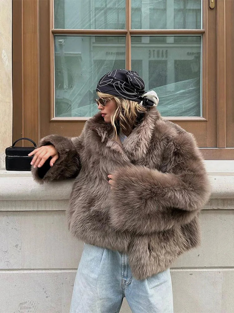 Brown Big Lapel Faux Fur Fury Women's Coats Fluffy Long Sleeved Thick Warm Fury Jackets 2024 Winter Lady Casual Street Outwear