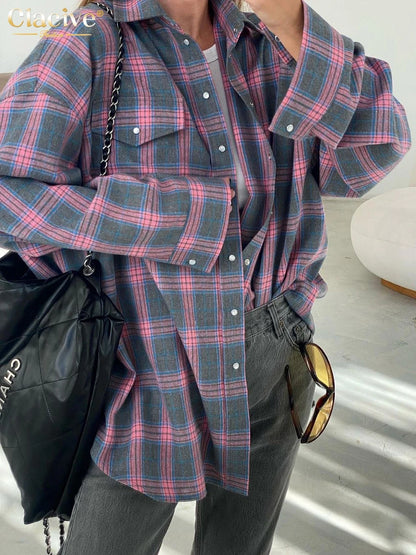 Clacive Vintage Loose Plaid Women'S Shirt Fashion Lapel Long Sleeve Office Lady Shirts And Blouses Tops Female Clothing 2023