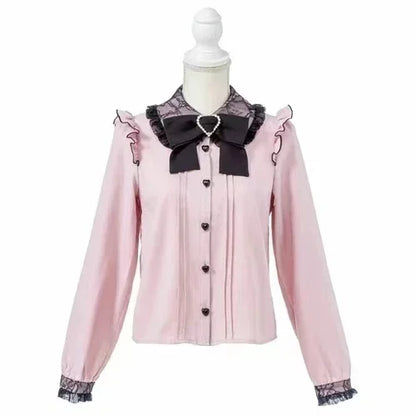 Jirai Kei Lolita Top Shirt Japanese Women's 2024 Spring and Autumn Sweet Bow Long Sleeved Cute Lace Bubble Sleeve Fashion Shirts