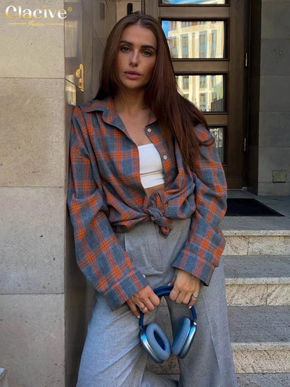 Clacive Vintage Loose Plaid Women'S Shirt Fashion Lapel Long Sleeve Office Lady Shirts And Blouses Tops Female Clothing 2023