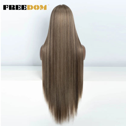 FREEDOM Straight Synthetic Lace Front Wig For Women 38 Inch Long Ombre Brown Red Blonde Hightlight Lace Frontal Wigs Cosplay Wig