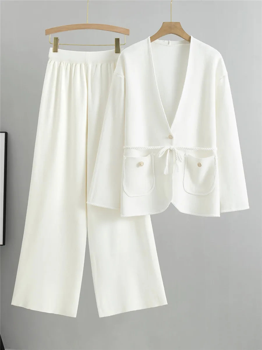 Spring Fall Knit 2 Pieces Sets Women Knitwear V-neck Braid Belt Cardigan Tops Conjuntos Korean High Waist Sweatpants Outfit New