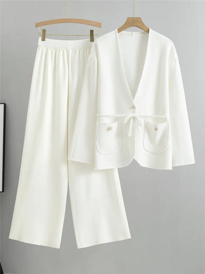 Spring Fall Knit 2 Pieces Sets Women Knitwear V-neck Braid Belt Cardigan Tops Conjuntos Korean High Waist Sweatpants Outfit New
