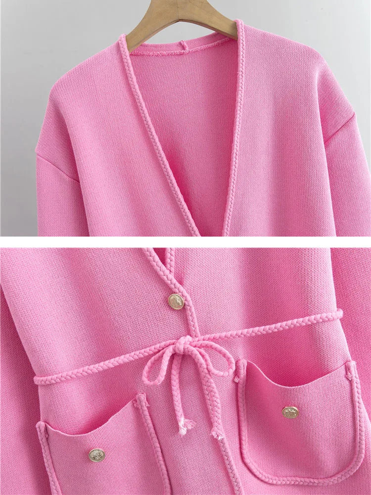 Spring Fall Knit 2 Pieces Sets Women Knitwear V-neck Braid Belt Cardigan Tops Conjuntos Korean High Waist Sweatpants Outfit New