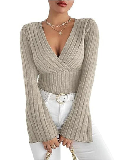 Sexy V-neck Flared Long Sleeved Solid Color Low Cut Women's T-shirt High Street Fashion Slim Fit Elegant Women's Top