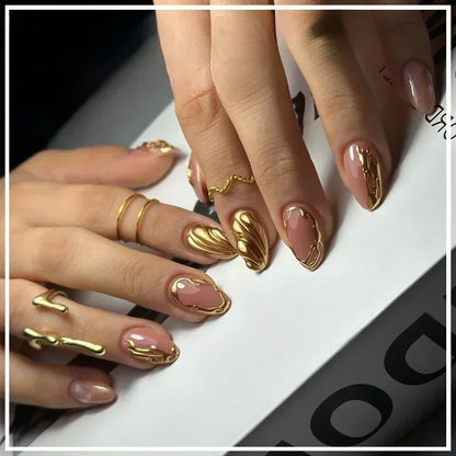 24Pcs French Gold Edge Wearable Almond Press on Fake Nails Simple Pearl Decoration False Nails with Glue Full Over Manicure Tips
